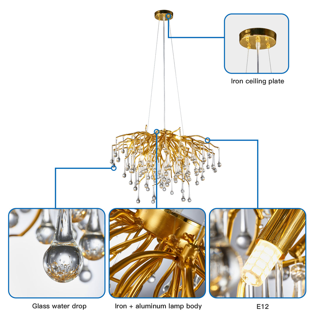WABON Modern Crystal Chandelier, Gold Raindrop Round Light Fixture Dia 23.6” (United States Only)