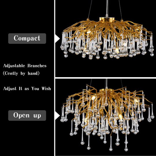 WABON Modern Crystal Chandelier, Gold Raindrop Round Light Fixture Dia 23.6” (United States Only)